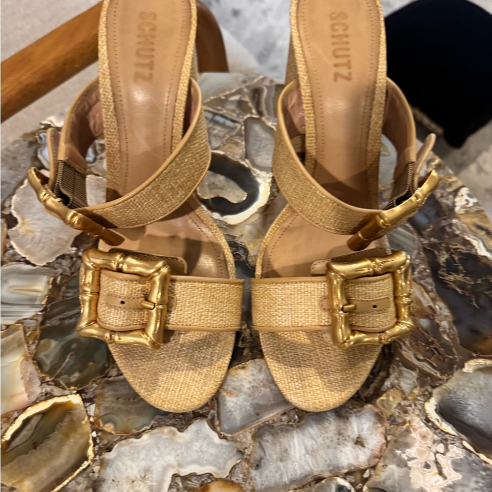 Schutz Tan Sandals with Gold Buckle